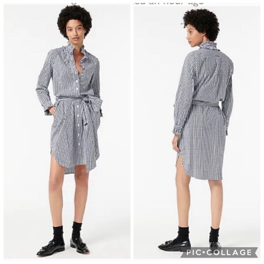 J. Crew Blue Black and White Gingham Ruffle Collar Shirtdress approx size 8 - Picture 14 of 14